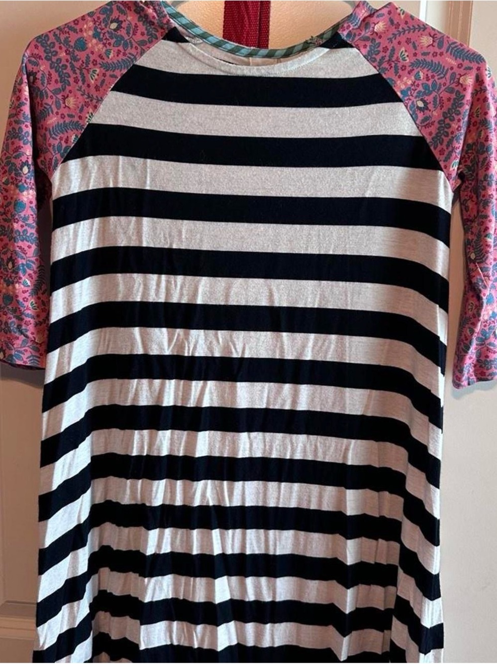 Matilda Jane Black and White Striped Dress with Pink Floral Raglan Sleeves